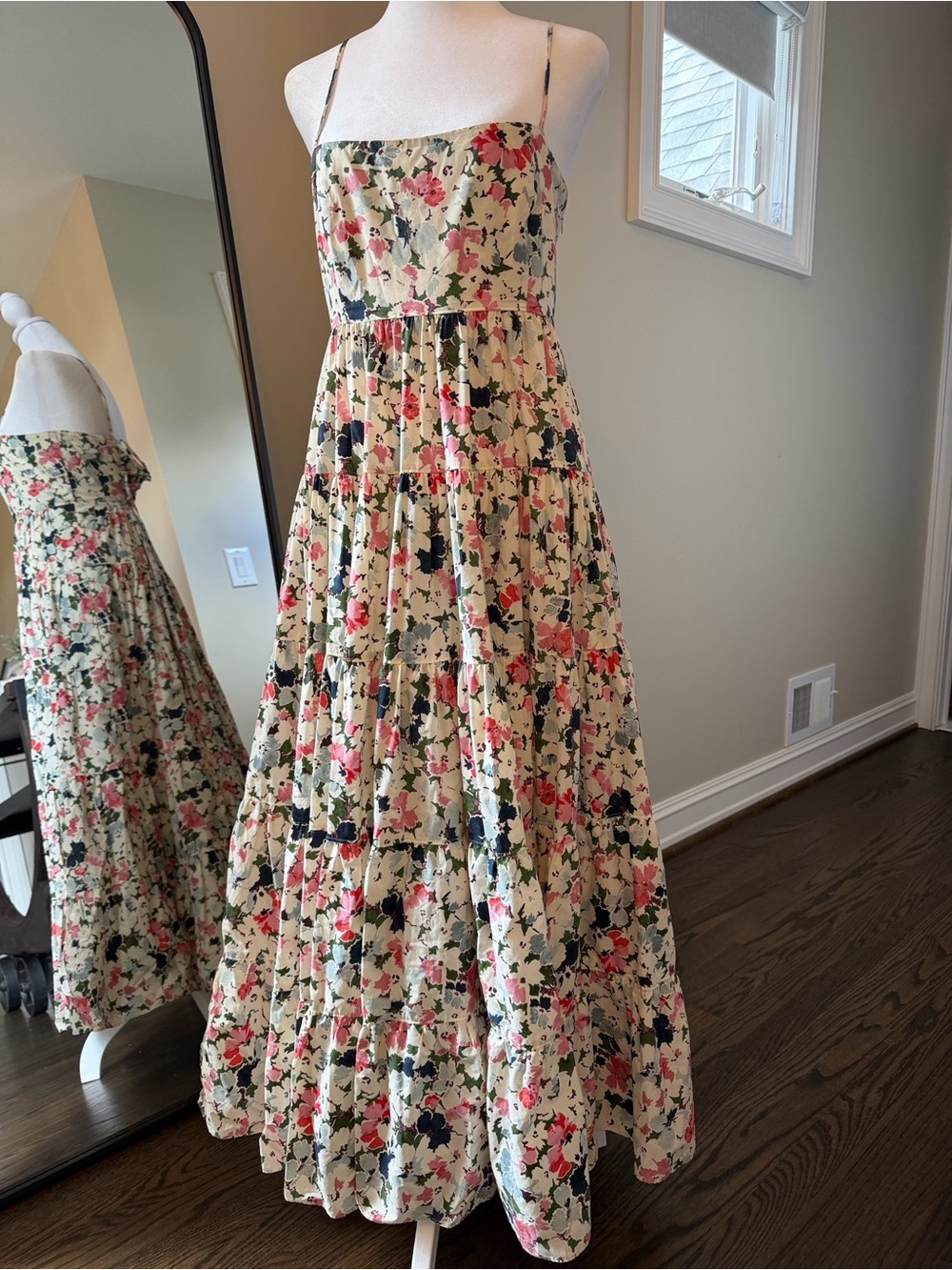cinq a sept Cream Floral Tiered Midi Skirt with Pink and Navy Accents - Picture 4 of 13